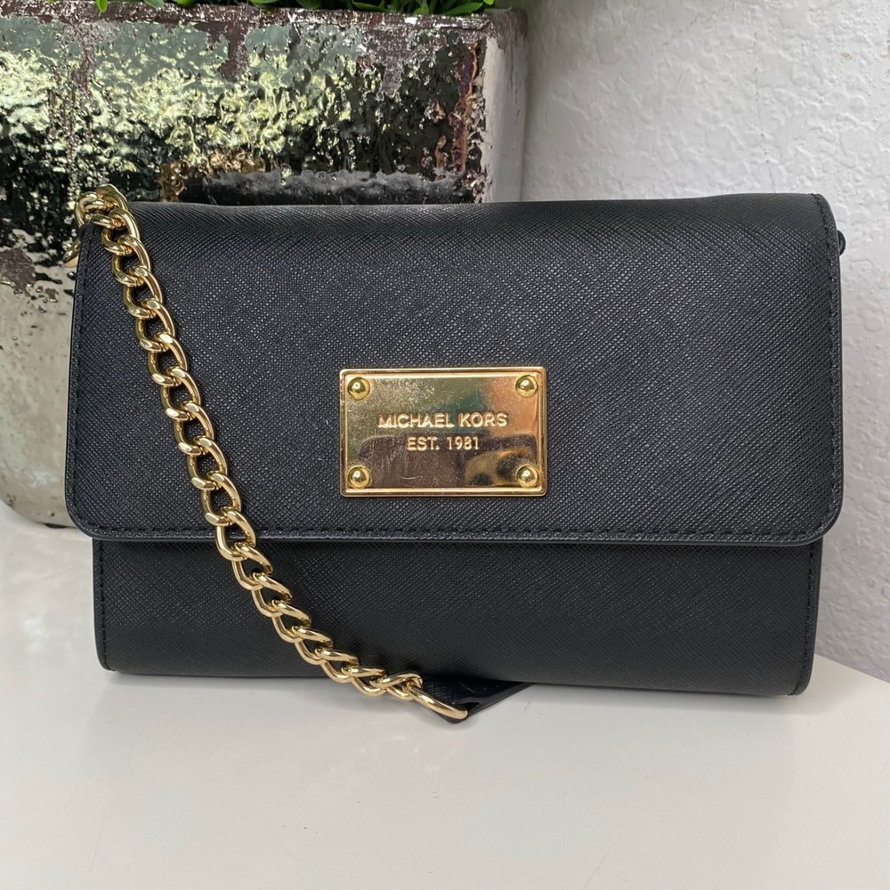 Michael Kors Jet Set Travel Convertible Crossbody Black Saffiano‎ Leather Chain